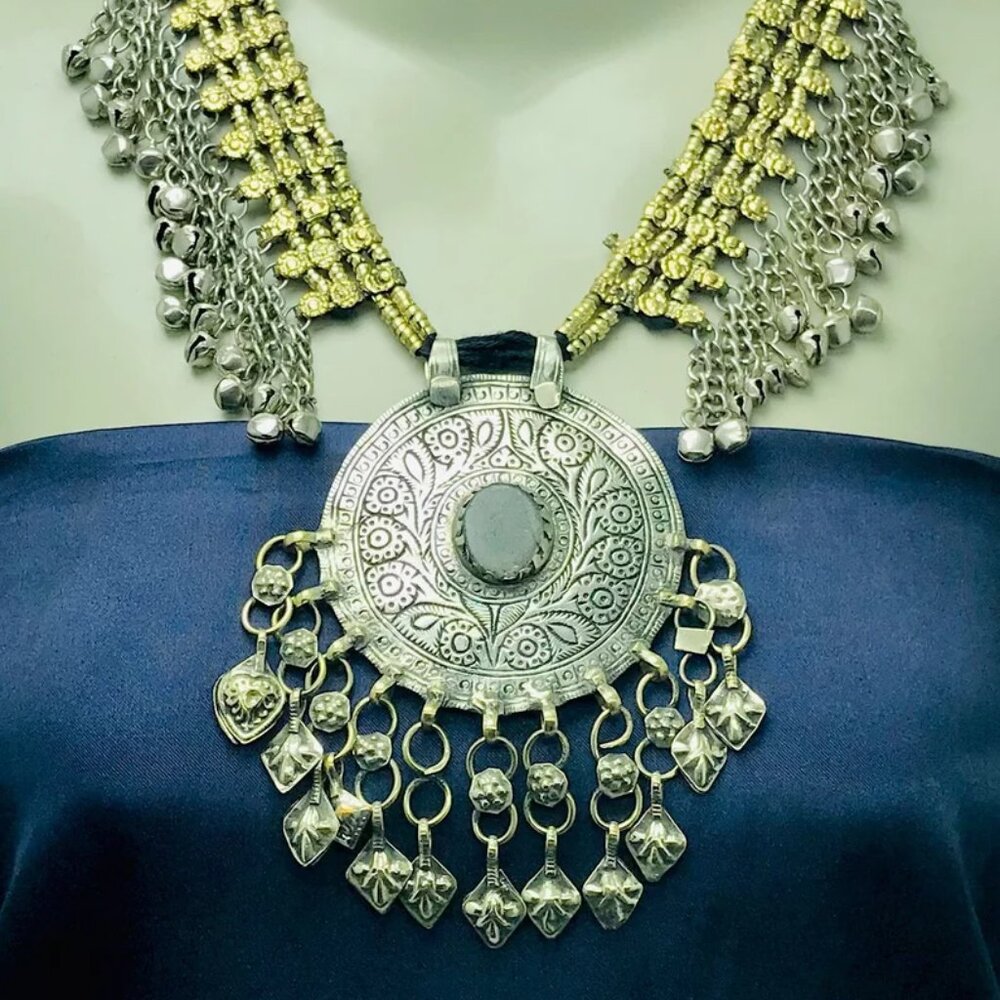 Handmade Kuchi Pendant Necklace: Turkmen Silver Bells, Ethnic Tribal Jewelry